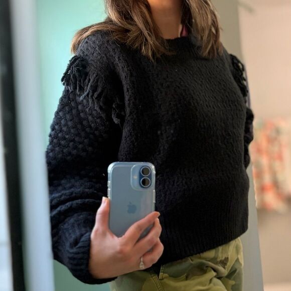 Treasure & Bond Mixed Stitch Balloon Sleeve  Fringe Sweater Black Crew S NWT - Picture 3 of 12